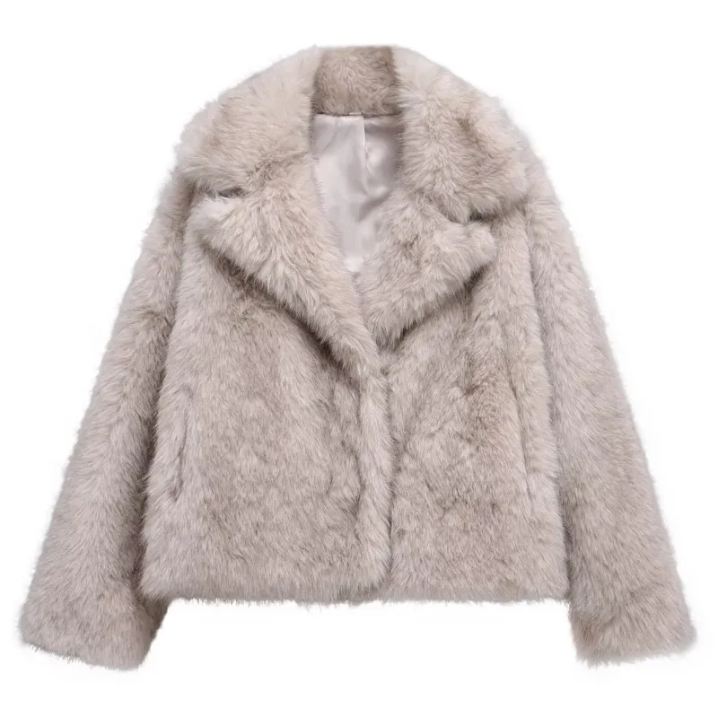 

2025 Women's Winter Retro Style Lapel Long Sleeve Faux Fur Wool-Blend Jacket Outerwear Warm Plush Coats Casual Street Wears Tops
