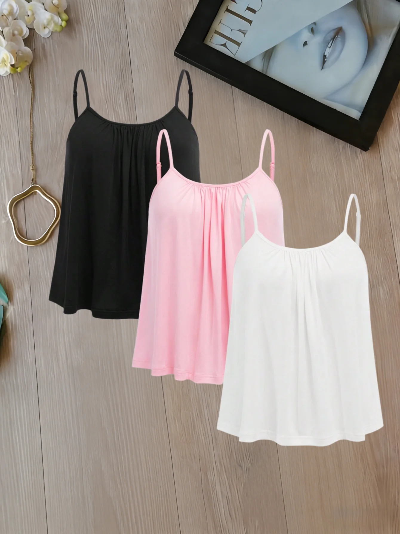 

Plus Size Women's Flowy Camisole Tank Tops Adjustable Spaghetti Strap Pleated Front Loose Fit Sleeveless Blouse Summer Casual Ba