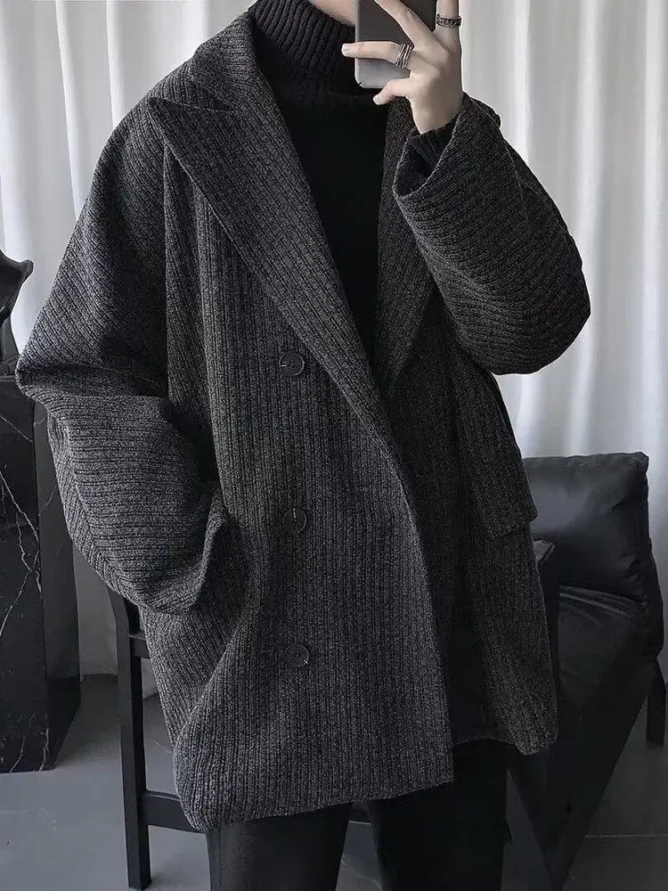 

Wool Blend Jacket Man Korean Mens Casual Baseball-Uniform Brown Velvet Retro Fashion Soft Wild Hip-Hop Urban Recreation Decorate