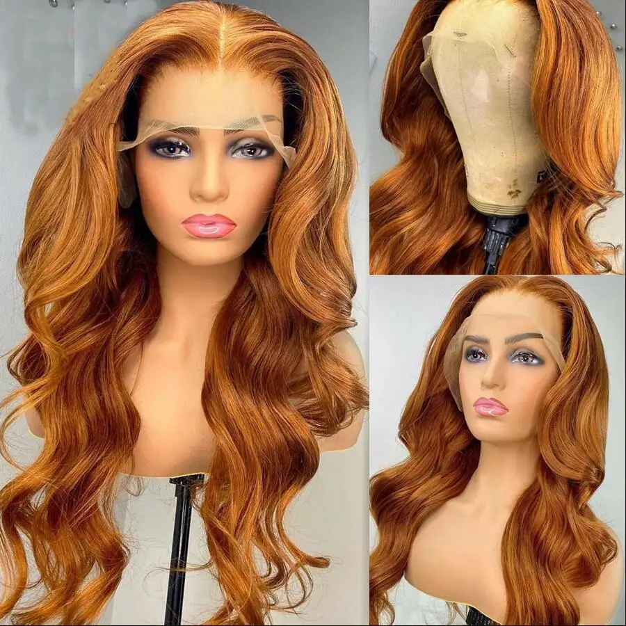 Natuurlijke 180 Dichtheid 26 "Honingbruine Lange Zachte Lijmloze Body Wave Kant Pruik Voor Vrouwen Babyhairlong Hittebestendig Pretokkeld