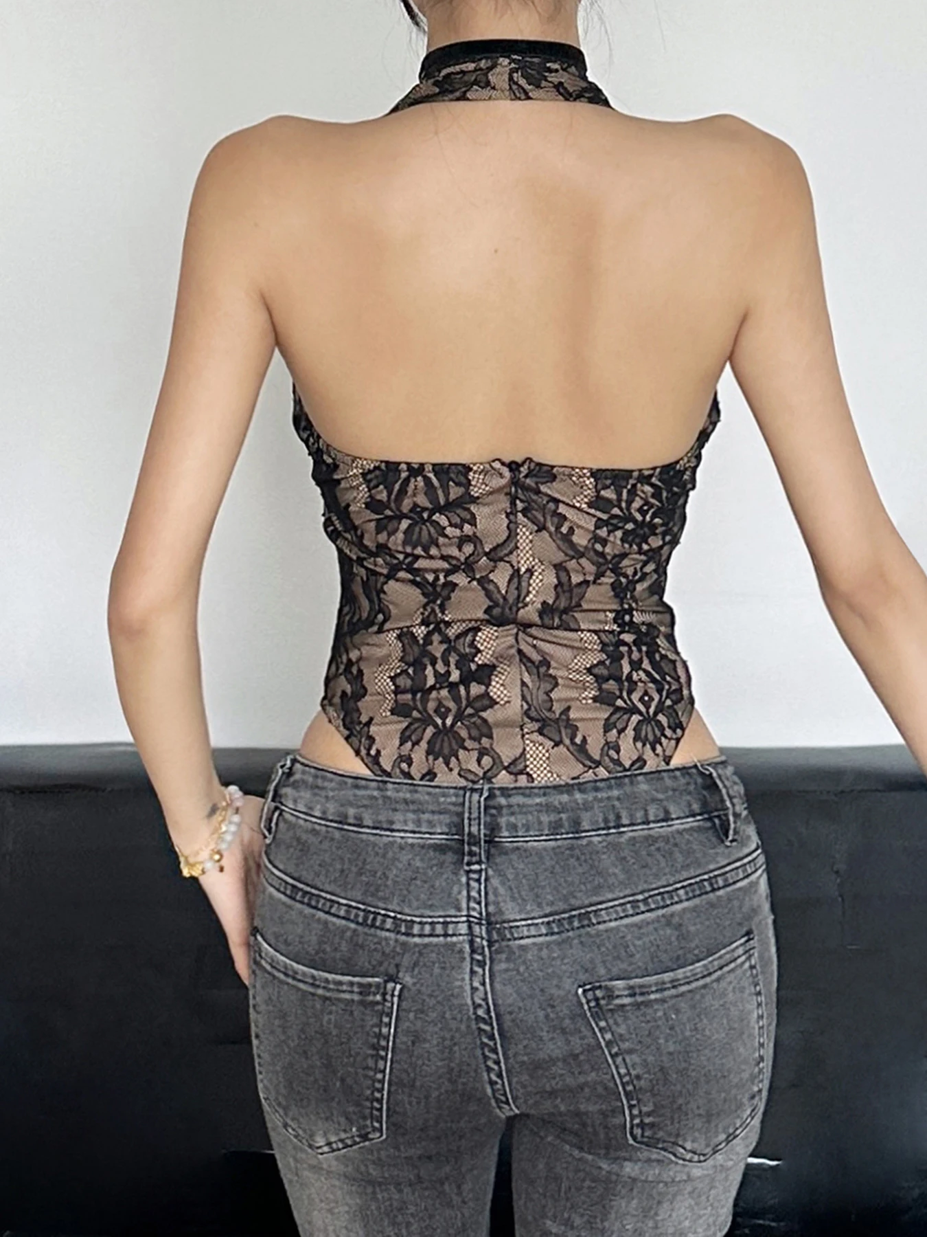 IAMSURE Sexy Slim Lace Halter Bodysuits See Through Deep V-Neck Sleeveless Rompers Women 2024 Summer Fashion Streetwear Ladies