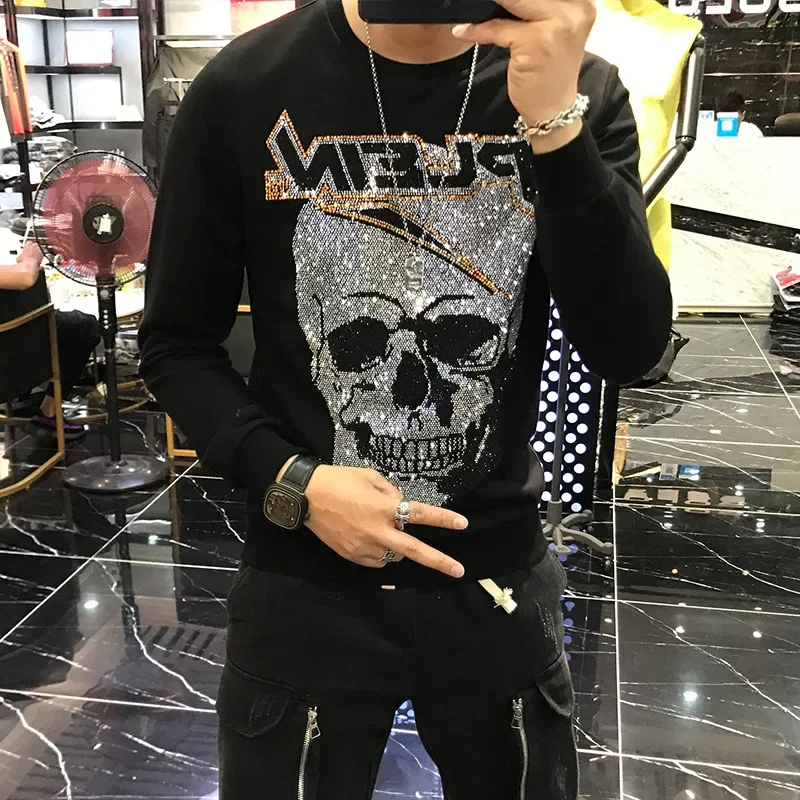 2024 Casual Sweatshirts Rhinestones Skulls Mens Hoodies Fashion Streetwear Autumn Hoodie Men Clothing Sweat Homme Ropa De Hombre