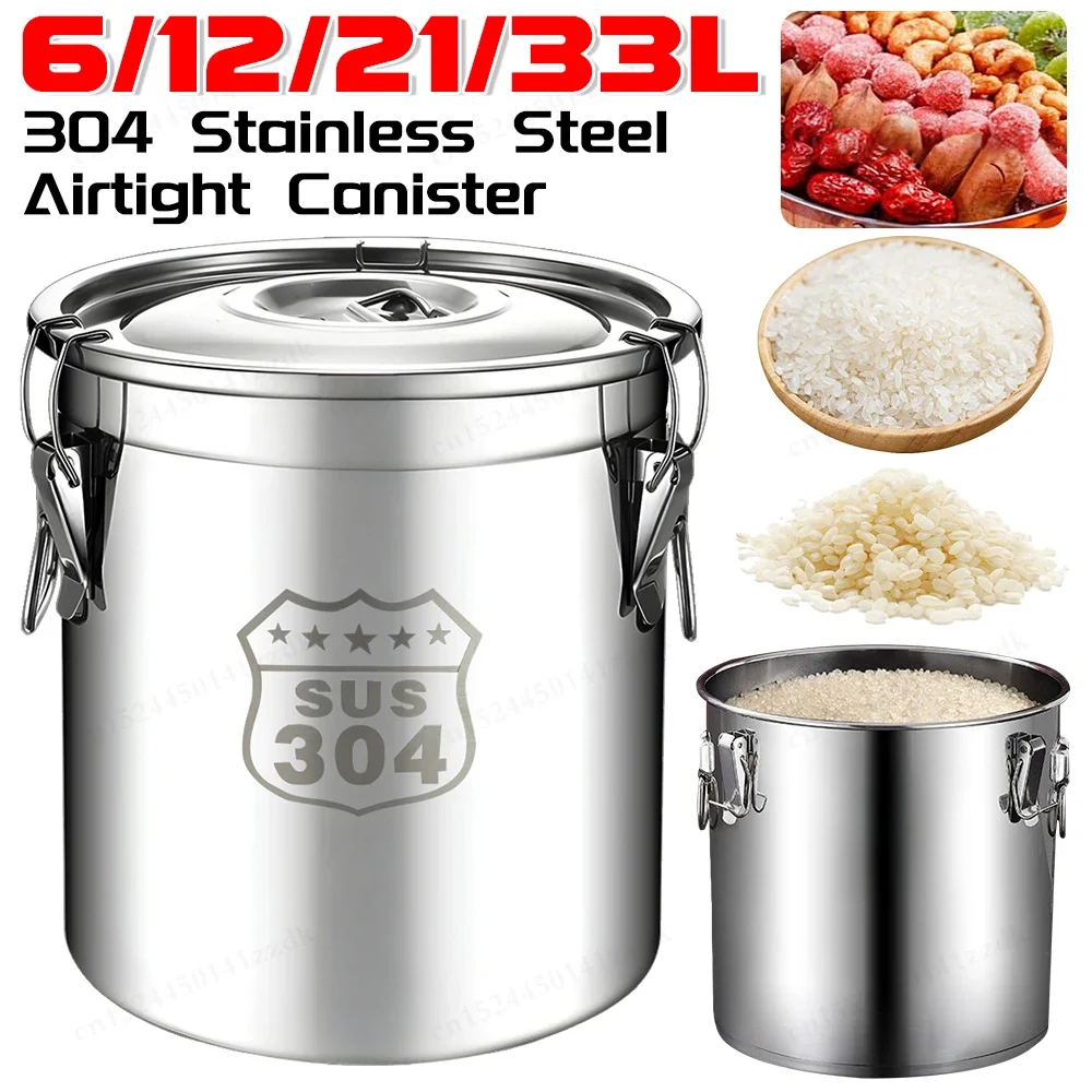 6/12/21/33L 304 Stainless Steel Airtight Canister with Seal Lid Food Oil Sugar Milk Storage Bucket with Handles for Home Kitchen