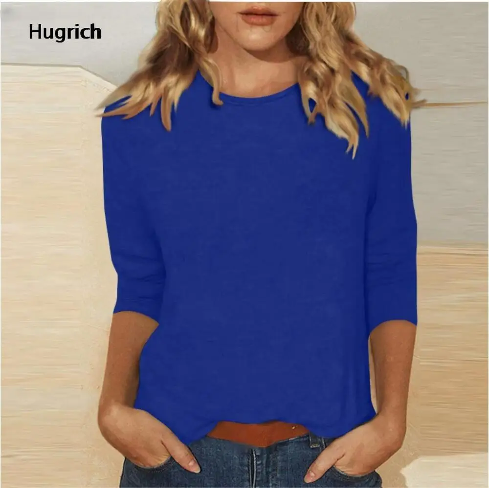 Women Crew Neck 3/4 Sleeve Solid Royal Blue T Shirt Soft Stretchy Loose Fit Casual Basic Daily Pullover Blouse Top
