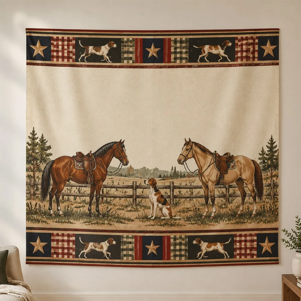 VIKAMA Hound and Horse Twin Bands Tapestry Wall Hanging, American Wall Decor Tapestries for Living Room Bedroom Office Study