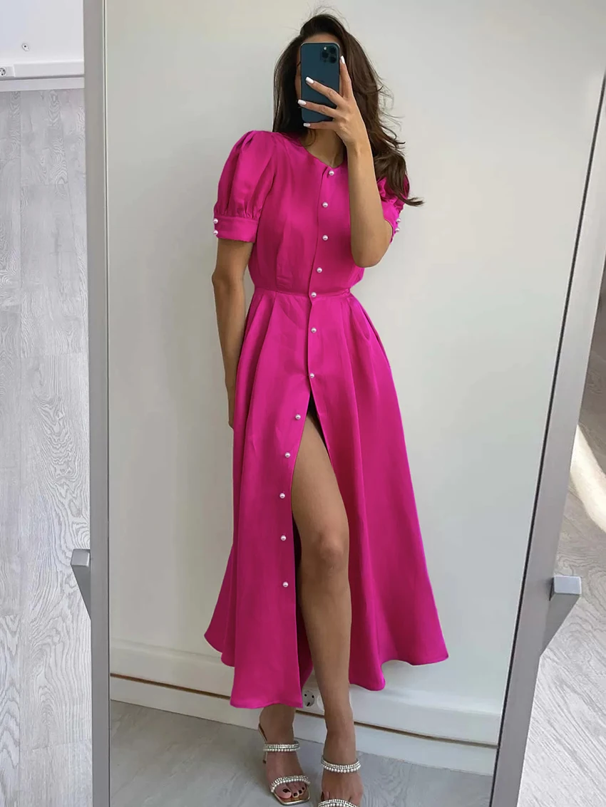 

Fashion A-Line Office Ladies Elegant Even Dresses Summer 2023 Women Solid Chic Boho Rose Red Maxi Dress Puff Sleeve Party Robe