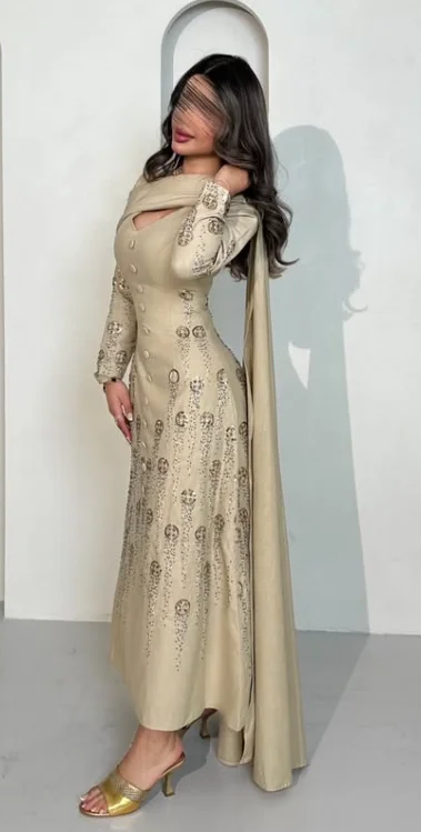 Elegant Beige Long Sleeve Heavy Beaded Midi Evening Dresses For Women With Cape Scarf Modest Formal Wedding Guest Gown