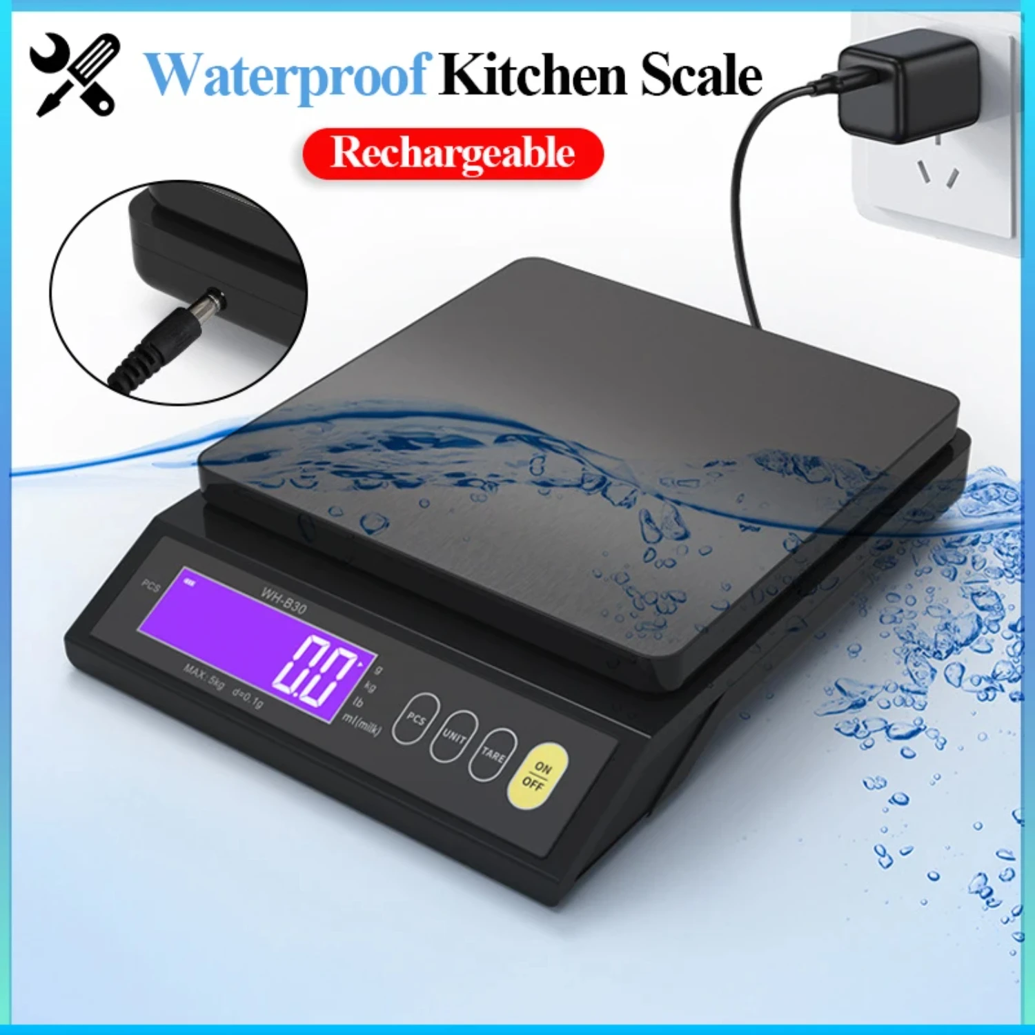 

5kg/10kg Rechargeable Electronic Kitchen Scale Stainless Steel Waterproof Use Digital Weighing Scale Baking Measuring Tools