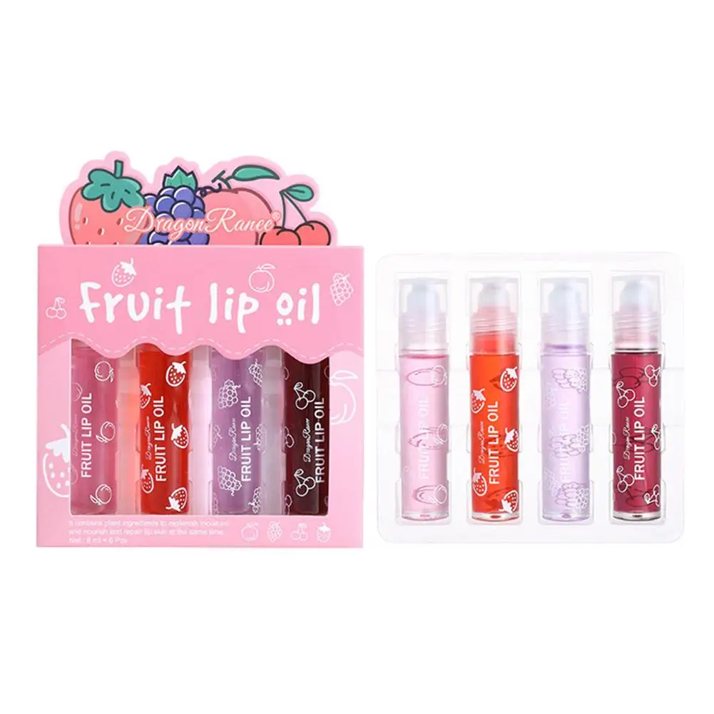 4Pcs Peach Strawberry Fruit Roll-on Lip Balm Set Makeup Moisturizing Clear Grape Transparent Lip Oil Hydrating Lip Gloss