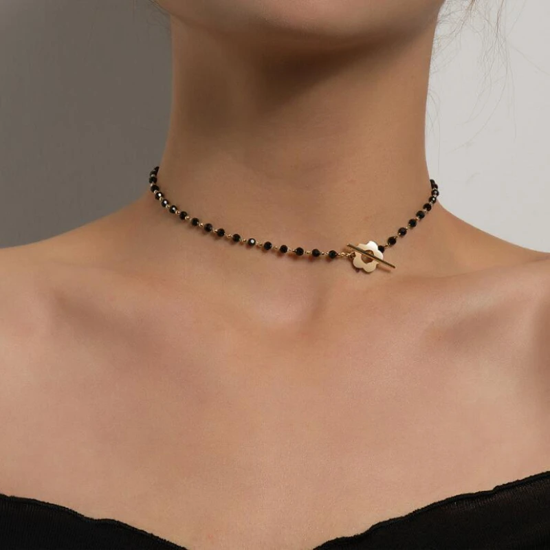 Jewelry necklace feminine black crystal bead chain versatile collarbone chain simple OT buckle flower necklace image 5