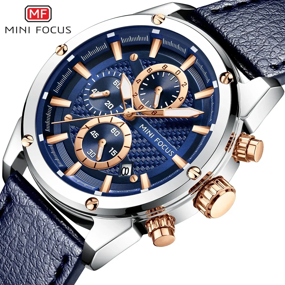 MINI FOCUS Luxury Quartz For Men Waterproof Sport Chronograph Wristwatch Blue Leather Strap Clock Fashion Mens Watches 0161G