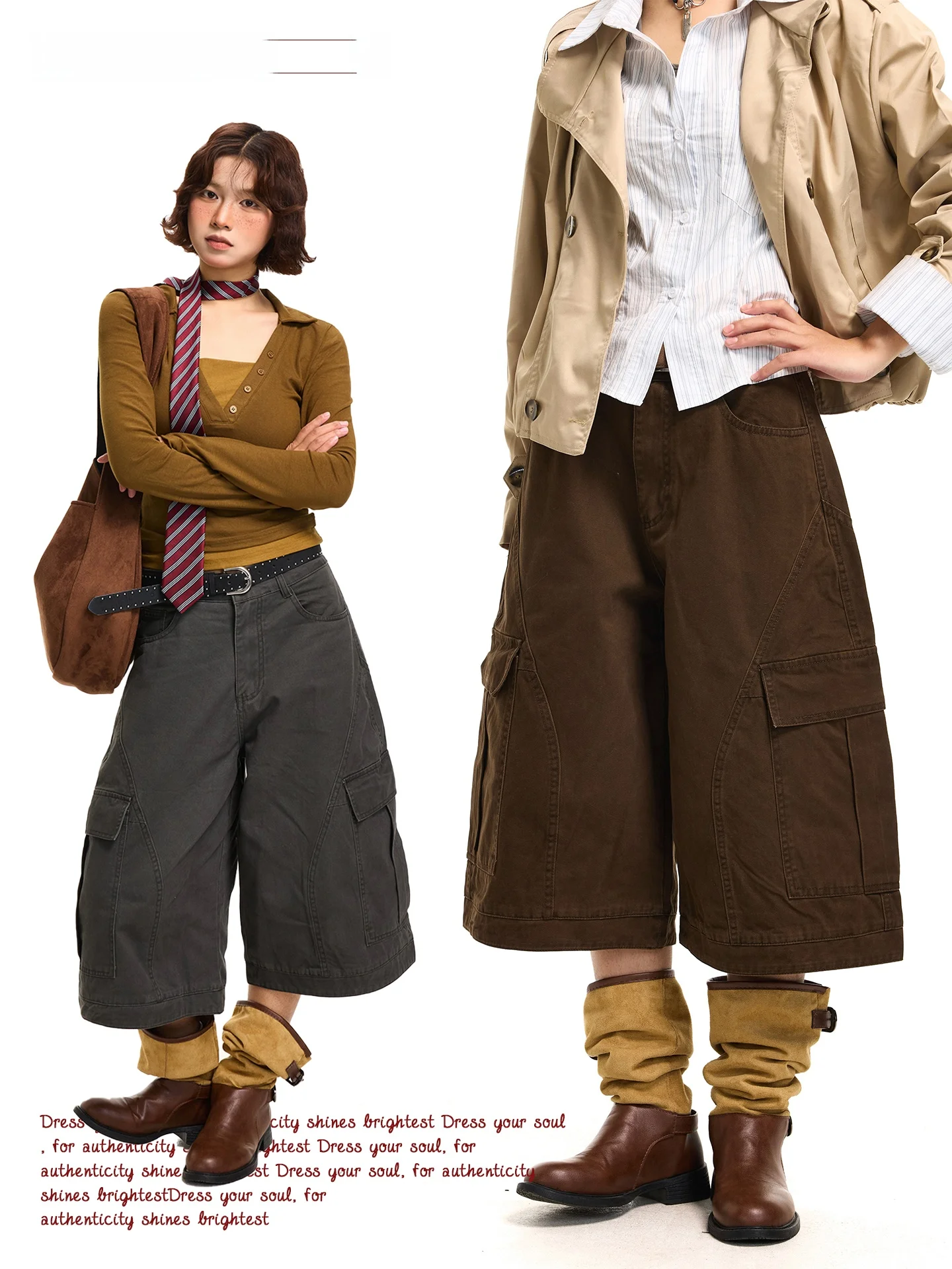 

American Retro Heavyweight Multi-ket Workwear orts Women's Simple Wide Leg Design Sense Seven-Foot Pants