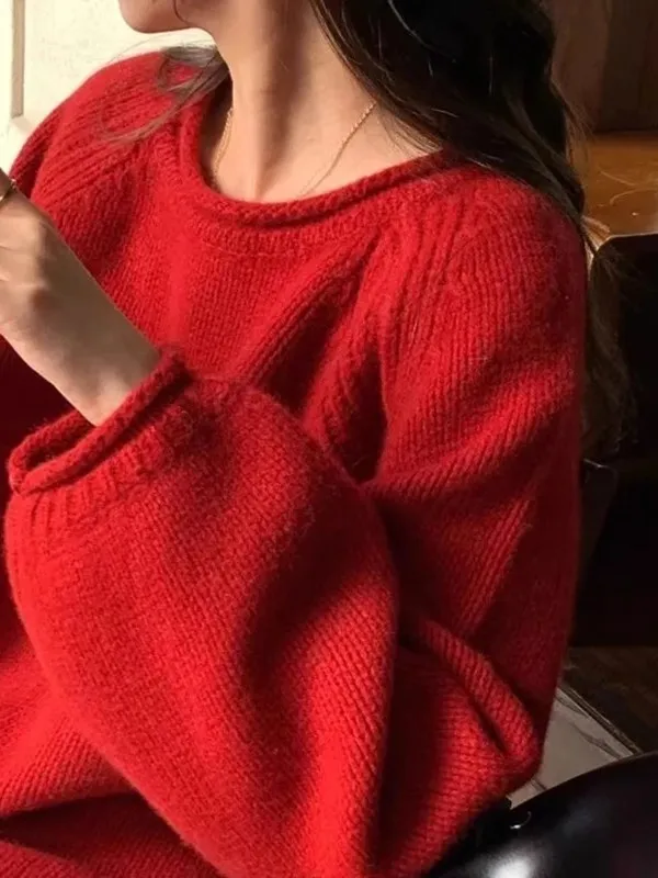 Ladies' Knitted round Neck Sweater Loose Fit  Color Base Layer Top Fashionable Lazy Style Autumn Winter New Arrival