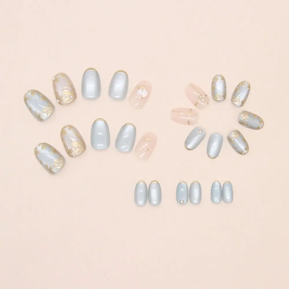 24pcs Manicure Oval False Nails French Gold Flower Pearls Fake Nials Sparkling Fragments Green Grape Cat Eye Nail Tips Women