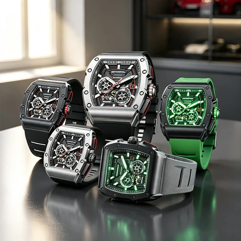 Mod Wine Barrel Shape Men's Fully Automatic Watch 5ATM Waterproof Luminous Rubber Strap Silver Track Series Perfect Gift