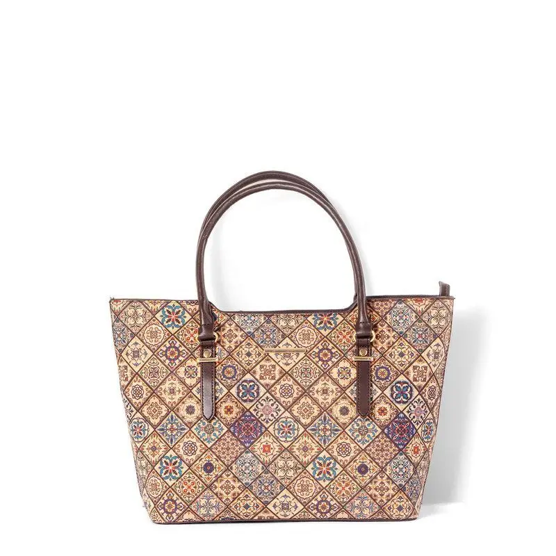 Retro Cork Tree Bark Handbag Women's Large Capacity Tote Bag Commuter Bag Geometric Pattern Soft Leather Handbag