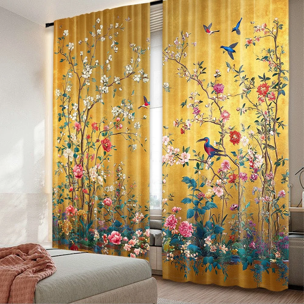 2 Stück 2D-Flachdruck Frohe Weihnachten Trendige Vorhänge Goldene Blüten kostengünstig und stilvoll 100 % Polyesterfaser Festliche Vorhänge für