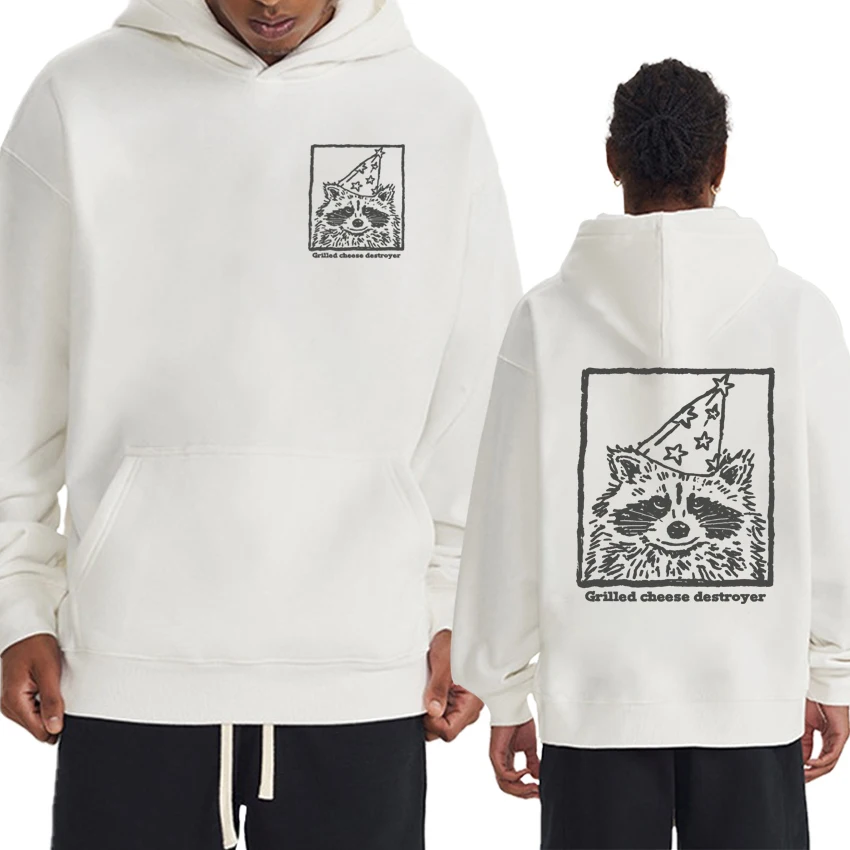 

Vintage Raccoon Funny Grilled Cheese Destroyer Double Sided printed Hoodie Men women harajuku Fleece pullover Unisex Sweatshirt