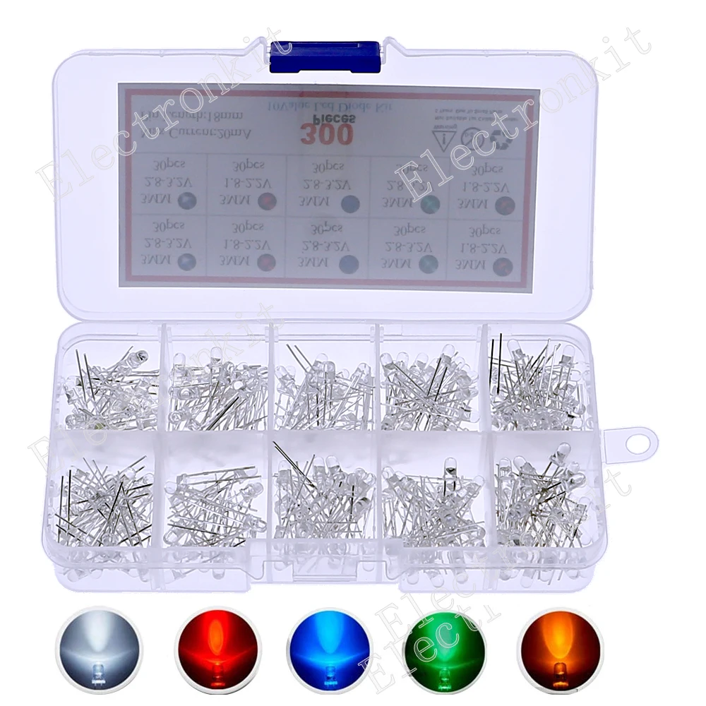 300pcs 3MM 5 Color each 60pcs Assortment Box kit Round Clear Bright LED Light Emitting Diodes White Yellow Red Green Blue