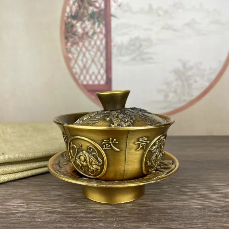 Brass four mythical beast cup tea set , vintage dragon and phoenix gaiwan, retro home decoration ornament