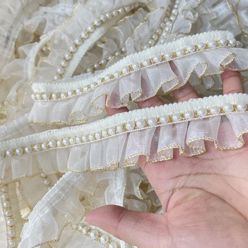 4CM Wide White Organza Tulle Fabric Frills Beaded Fringe Needlework Ruffles Lace Ribbon Golden Edge Trim Dress Apparel Diy Craft