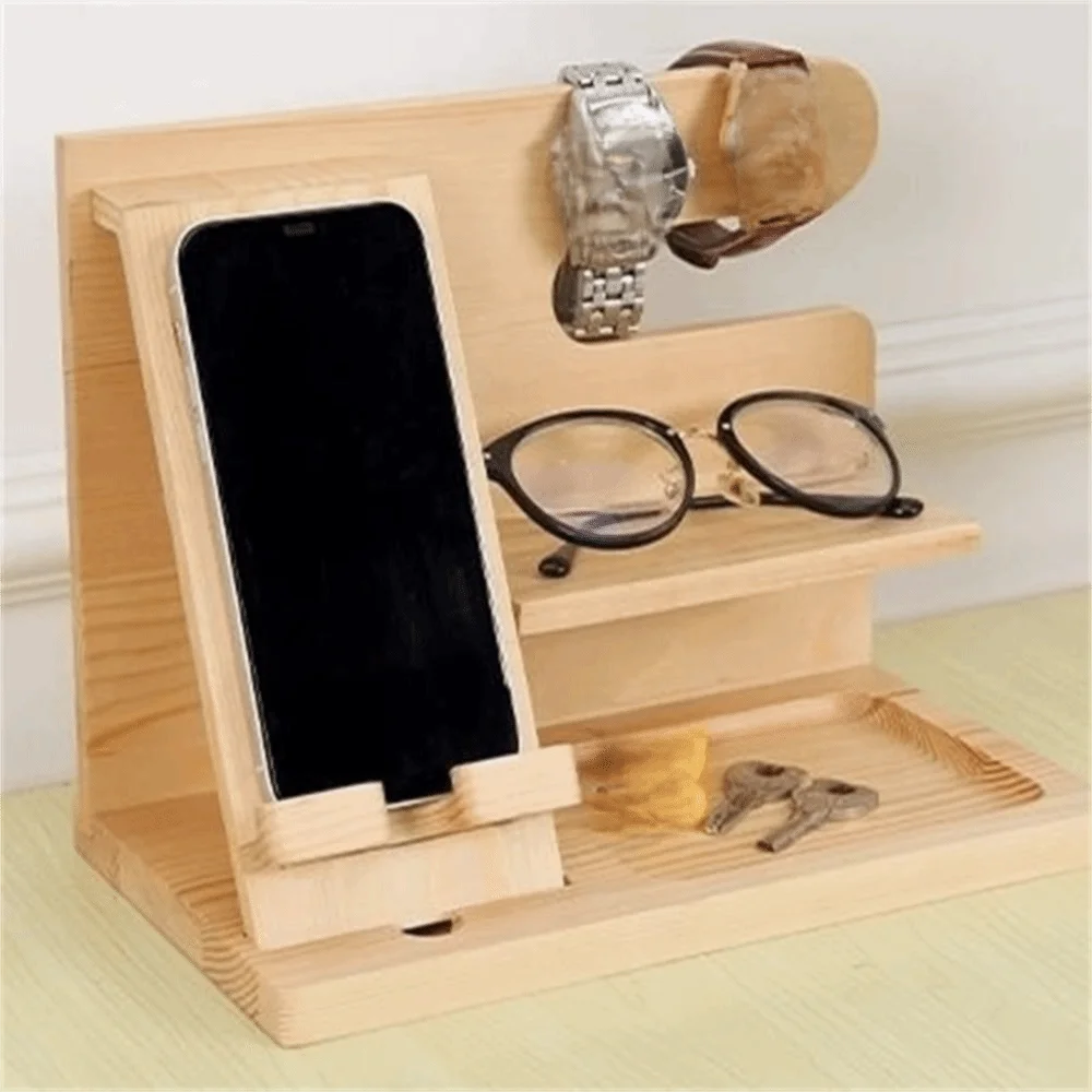 Solid Wood Charging Phone Holder Space Saving Detachable Watch Organizer Stable Groove Design Phone Docking Station