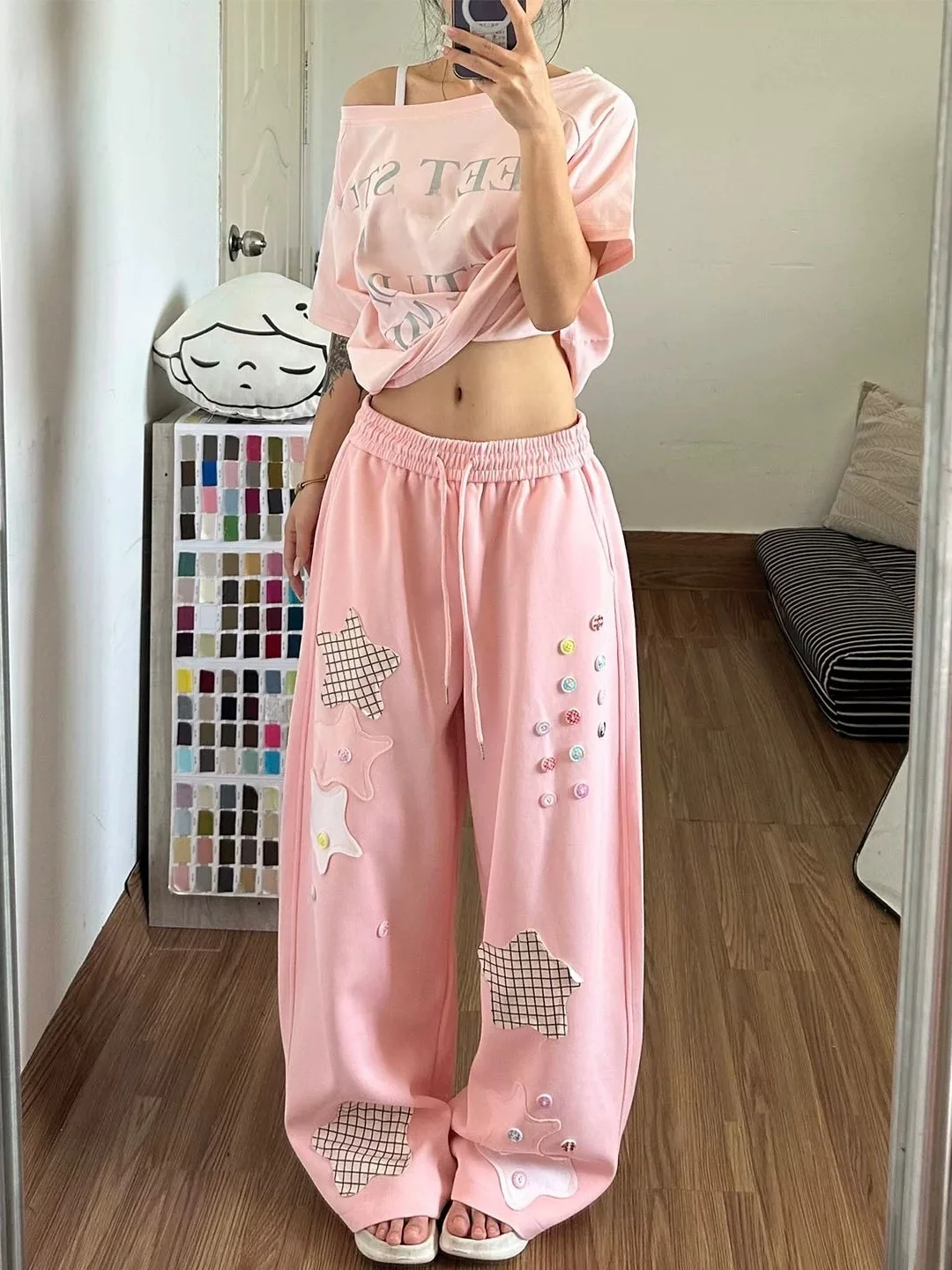American Style High Waist Wide Leg Casual Pants Women Summer New Color Block Loose Trousers Knife  Long Pants Star Patch