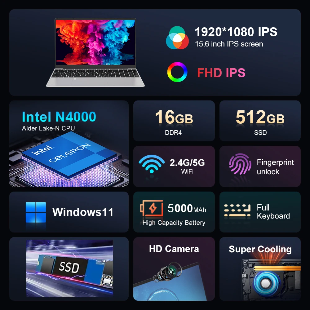 كمبيوتر محمول IPS مقاس 15.6 بوصة Intel Celeron N4000 كمبيوتر محمول بصمة فتح Windows 11 Pro 16GB DDR4 1 تيرا بايت 2 تيرا بايت SSD أجهزة الكمبيوتر المحمولة