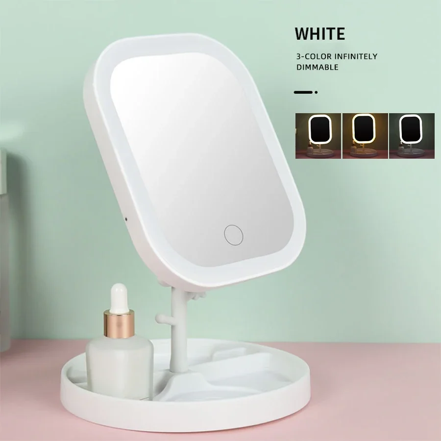 LED Vanity Mirror Intelligent Adjustable Monochrom Makeup Mirror 3color Light Desktop Fill Light Mirror One Touch Charging Model