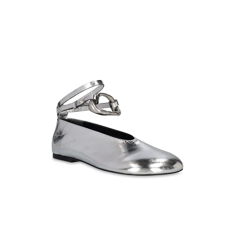 Women's round head shallow mouth new style leg fitting silver large buckle thin strap buckle flat bottom ballet shoes