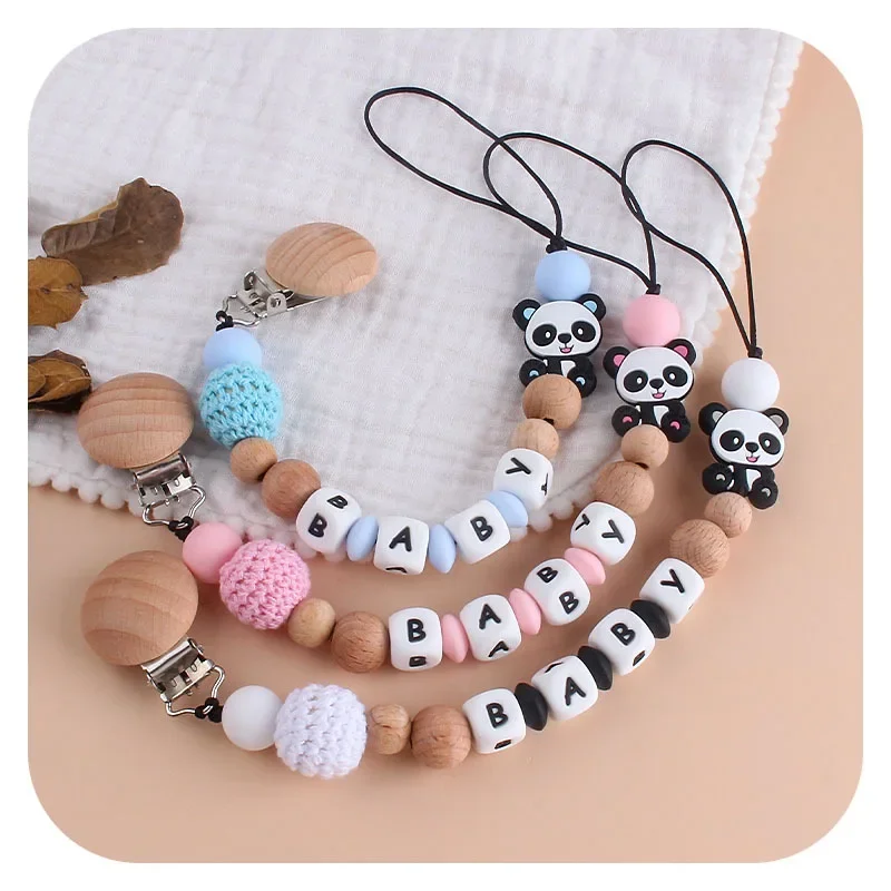 Baby Pacifier Clips Personalized Name Dummy Nipples Holder Chain Cartoon Panda Infant Feeding Silicone Teethers Teething Toys