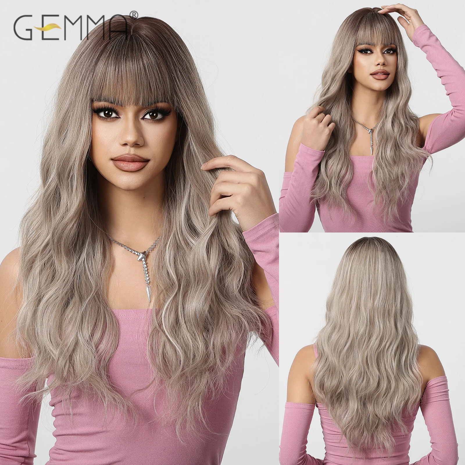 

Light Ash Brown Synthetic Long Wavy Wig with Bangs Natural Wave Gray Brown Women's Wig Heat Resistant Cosplay Party Daily Hair