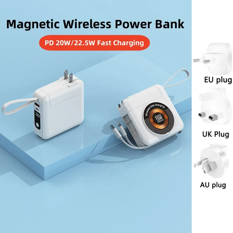 

20000mAh Magnetic Wireless Power Bank 22.5W Fast Charging for iPhone 15 Samsung Xiaomi Mi Portable Powerbank Built in Cable Plug