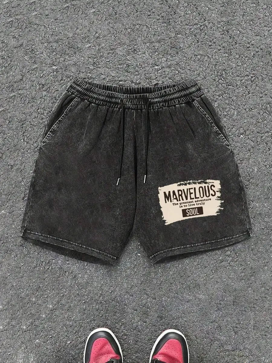 

Vintage Style Cotton Washed Shorts With Elastic Waist And Graphic Print Casual Lounge Short