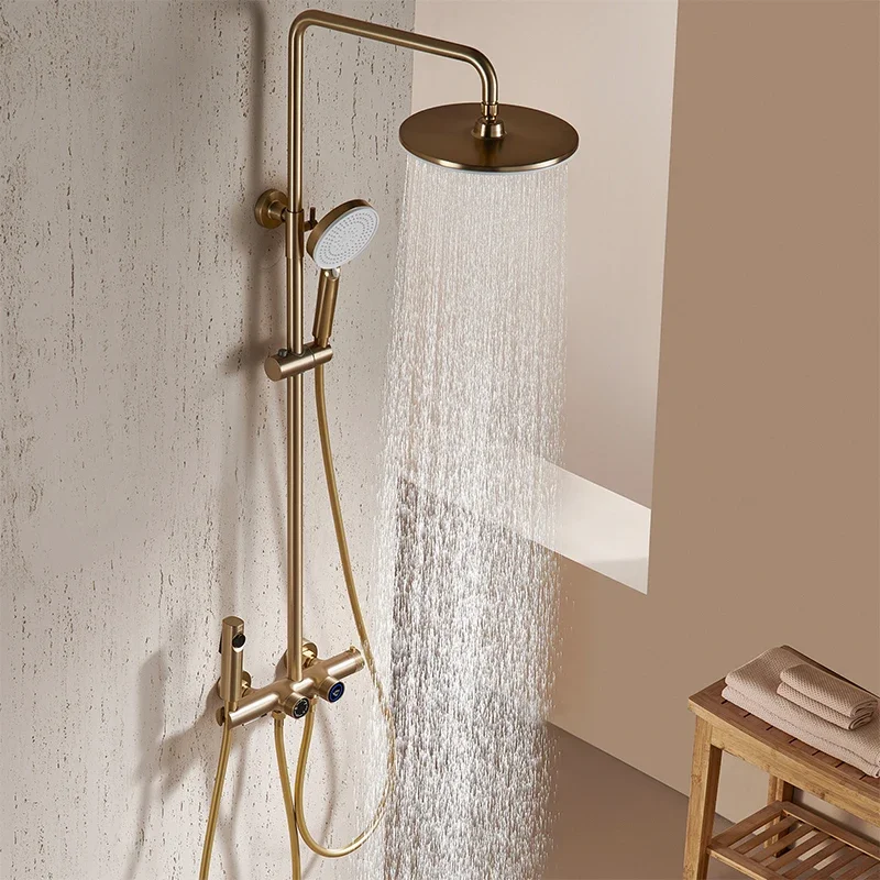 Luxury Shower Mixer Set Bathroom Brushed Gold Brass Shower System 4 Functions Thermostatic Rainfall Shower Set
