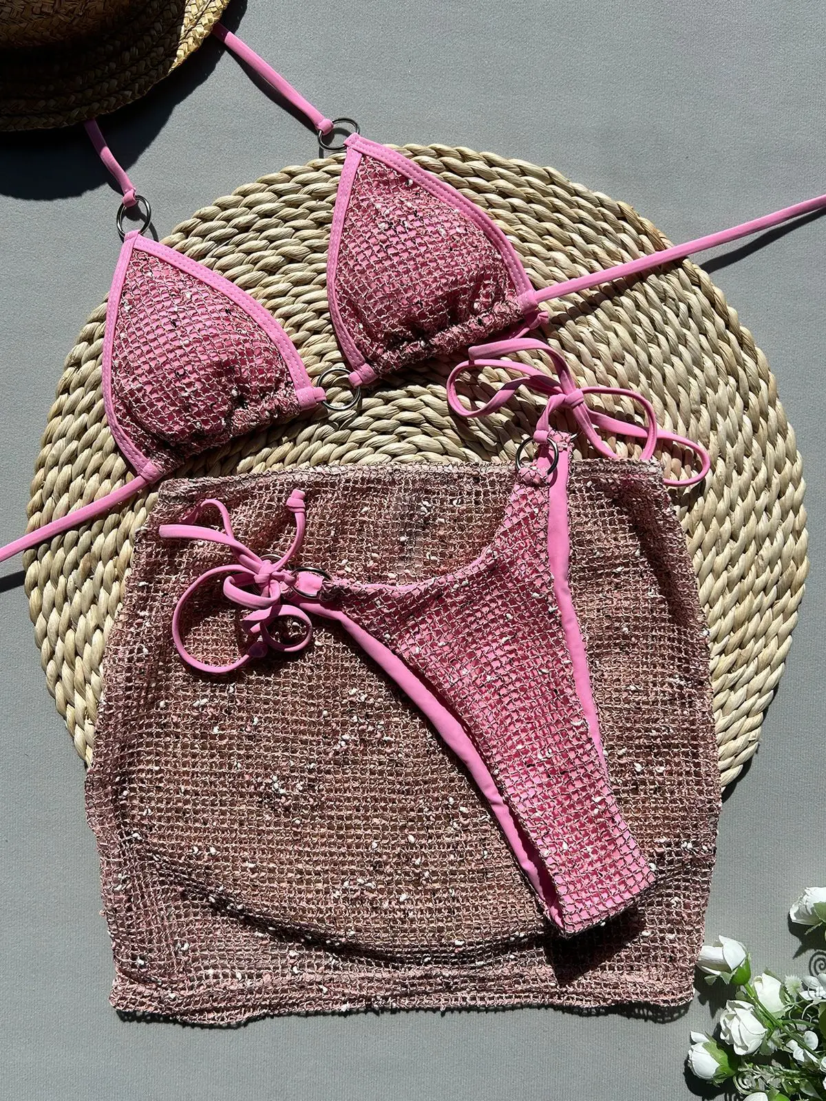 sexy glitter mesh ring micro bikinis sets 3pcs with mini skirt halter thong swimsuit bathing suit beach outfits biquini tankini