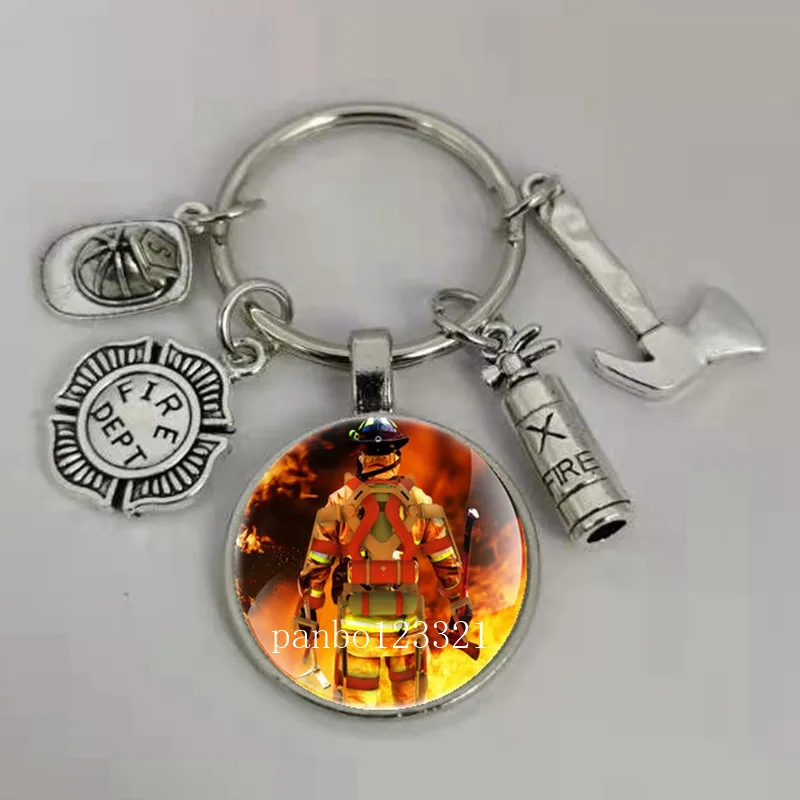 New firefighter logo glass dome keychain fire pattern key ring fire tool decoration jewelry gift