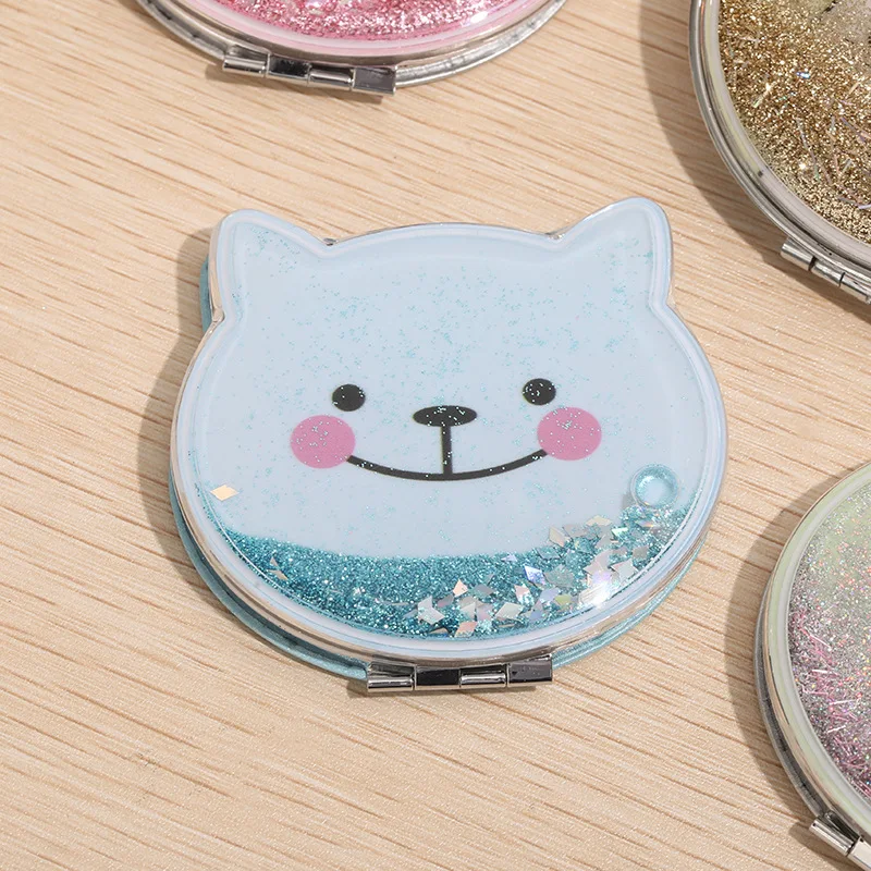 Cute Cat Shaped Handheld Mirror with Shiny Sequins Design Portable Small Folding Hand Mirror Double Side Makeup Mirror Gift