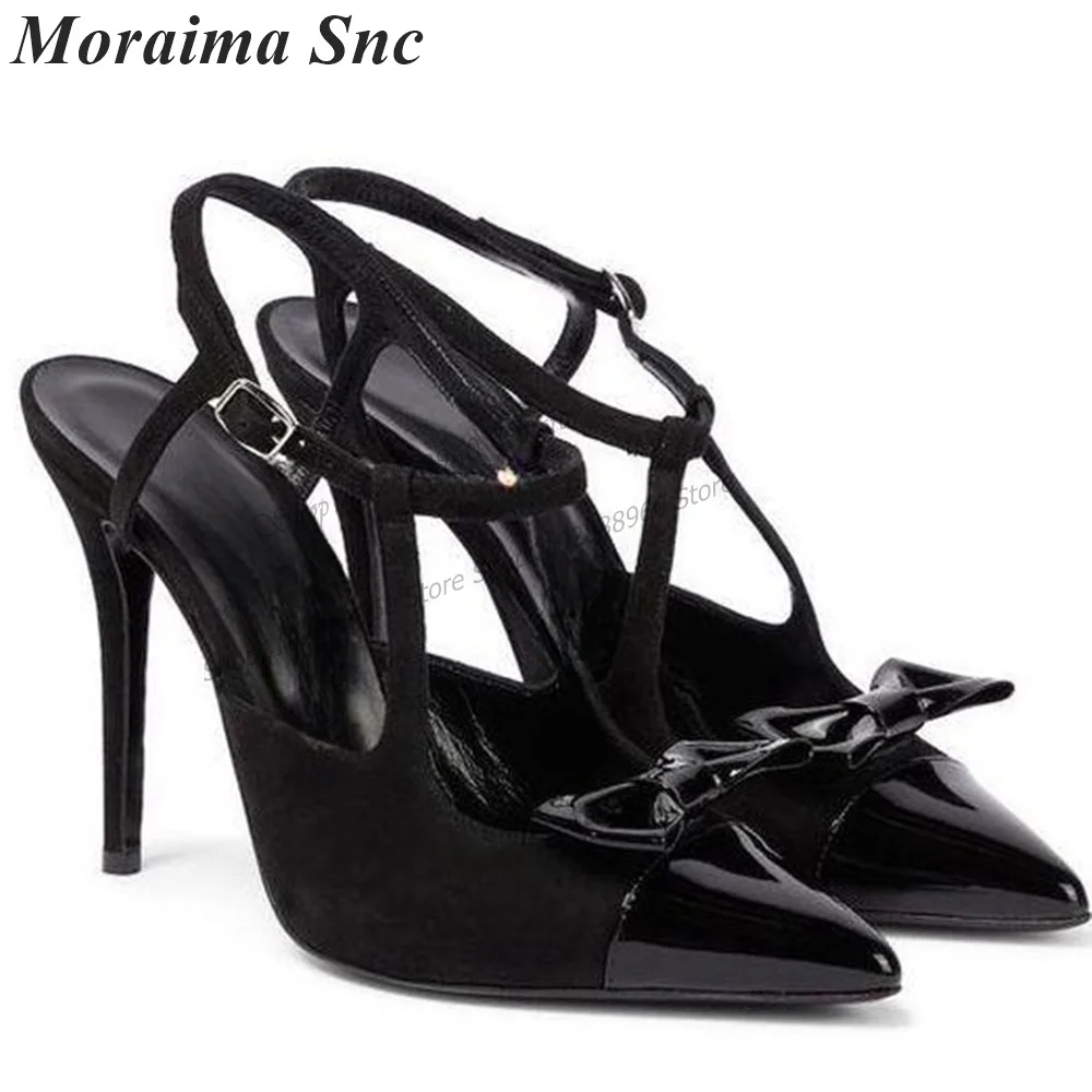 

Sexy Black Patchwork Bow Knot Decor Sandals Thin High Heel Women Shoes Ankle Buckle Strap Pointed Toe 2023 Zapatos Para Mujere