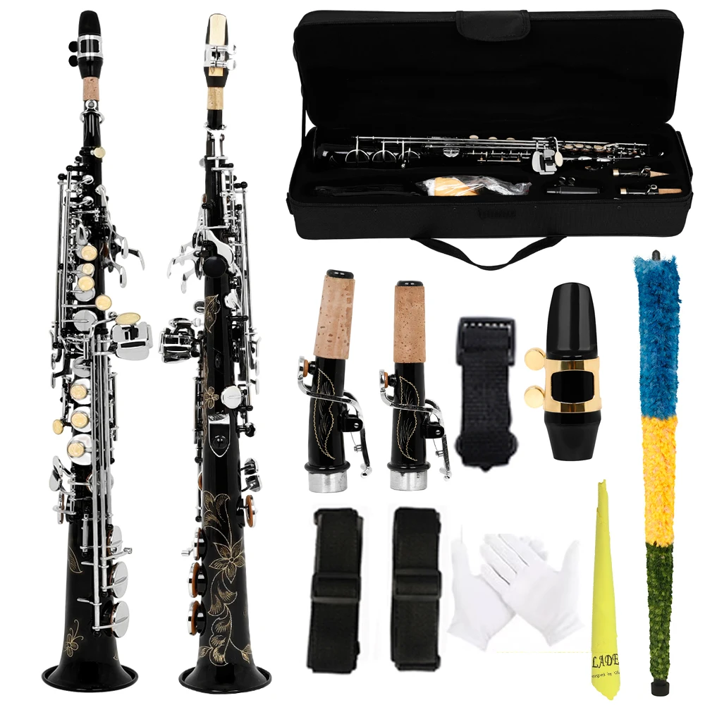 

SLADE Black Soprano Saxophone Standard Bb Straight Soprano Saxophone Brass Body Carved White Shell Keys Sax with Strap Gloves