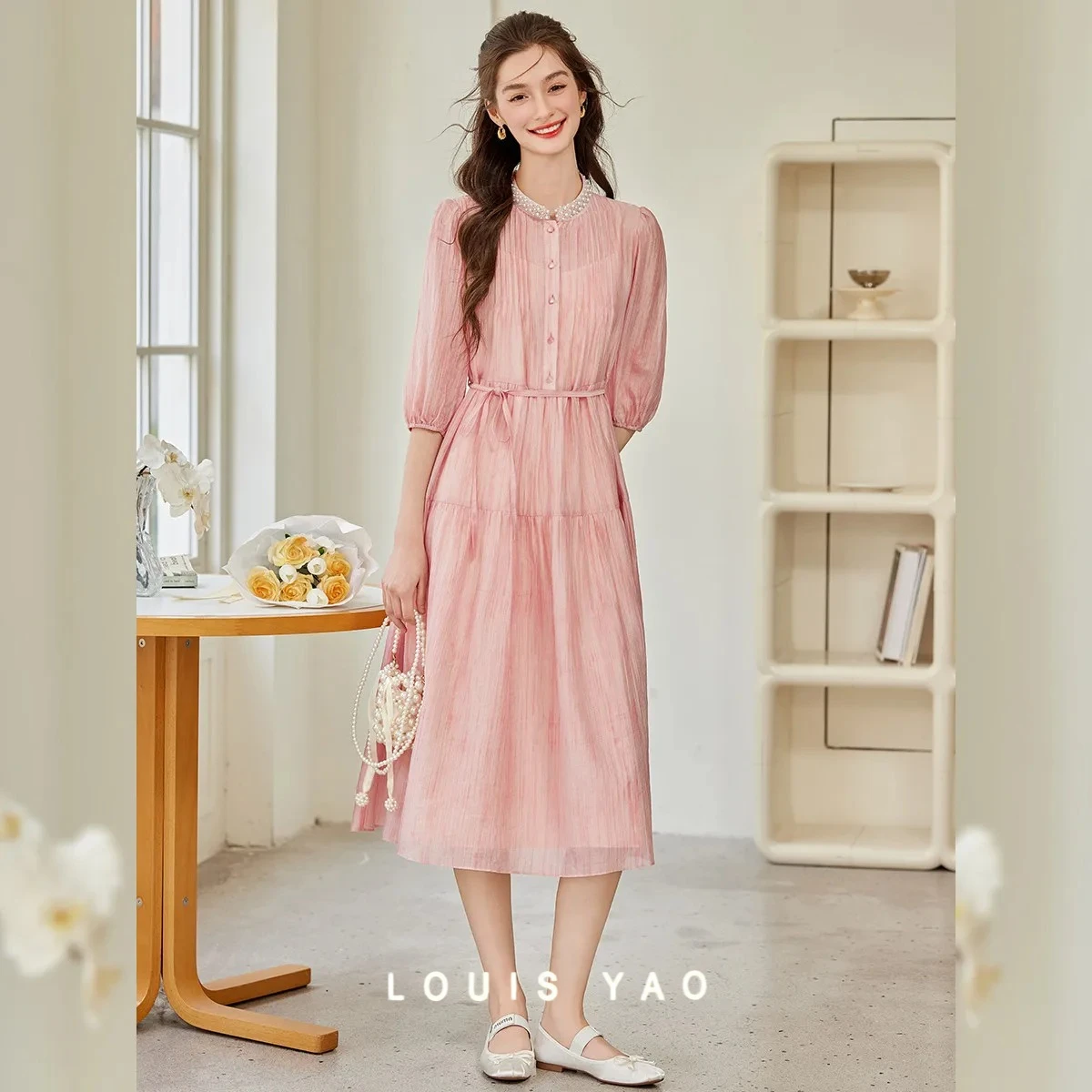 

LOUIS YAO Stand Neck Pink Women's Dresses 2025 Summer New Embroidered Flares Embellished Long Waist Tie Loose Dresses