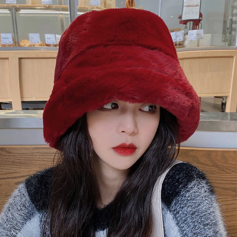 Winter Plush Bucket Hats for Women Outdoor Thick Warm Panama Cap Solid Leopard Soft Faux Fur Lady Girls Fisherman Sun Hats Hot