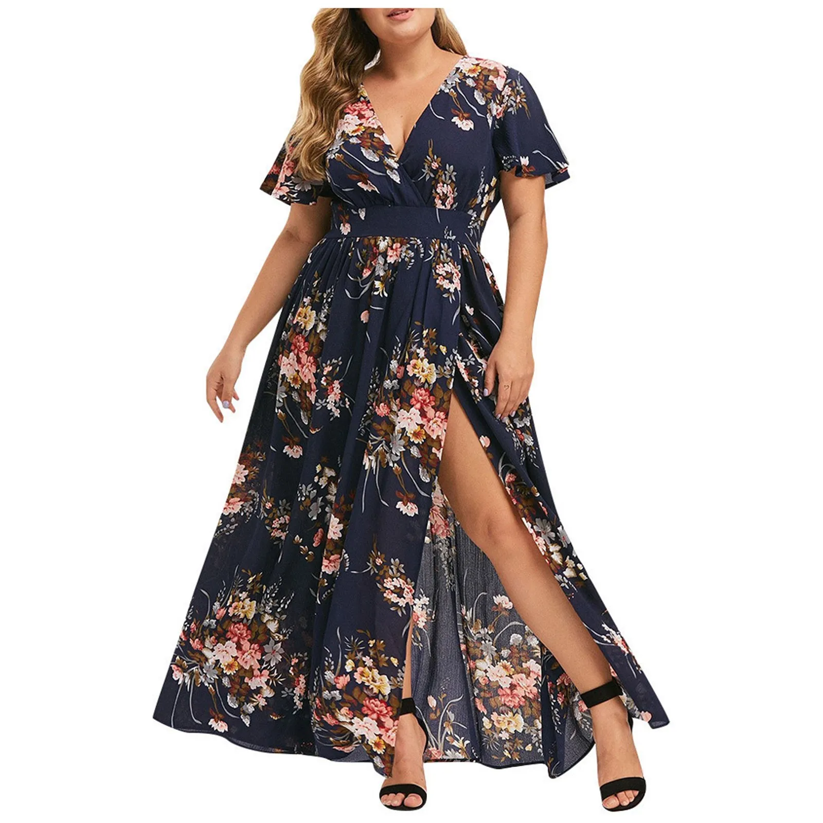 Vestido feminino casual boho estampa manga curta plissado floral irregular, vestido de verão, tamanho grande, plus size, 2023