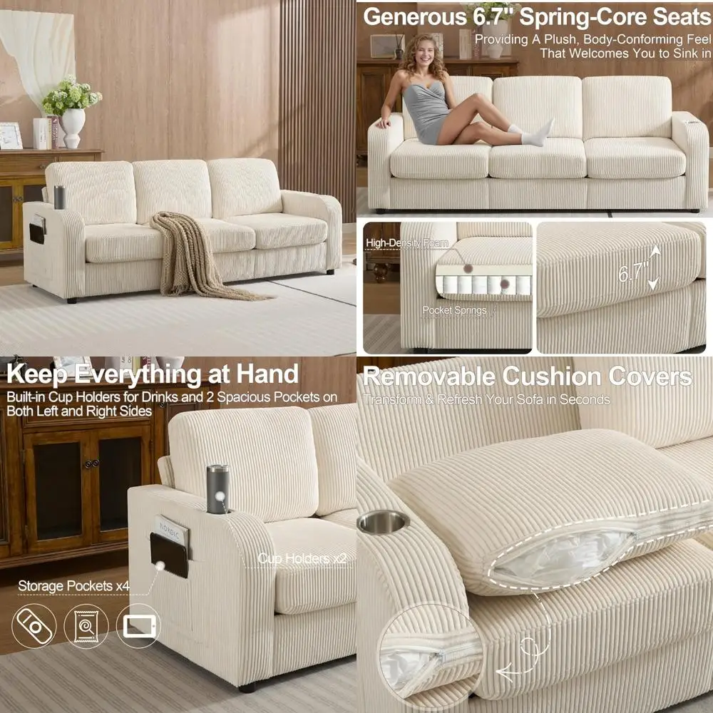 أريكة حديثة مريحة ذات 3 مقاعد كبيرة الحجم مع مقاعد عميقة وحاملات أكواب، مثالية لغرفة المعيشة مصنوعة من قماش سروال قصير #1