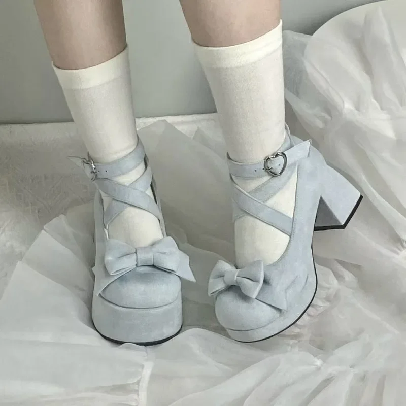 

Mary Jane Shoes Women's Spring New Bow Cross Buckle Platform Block Heel Wedding Shoes