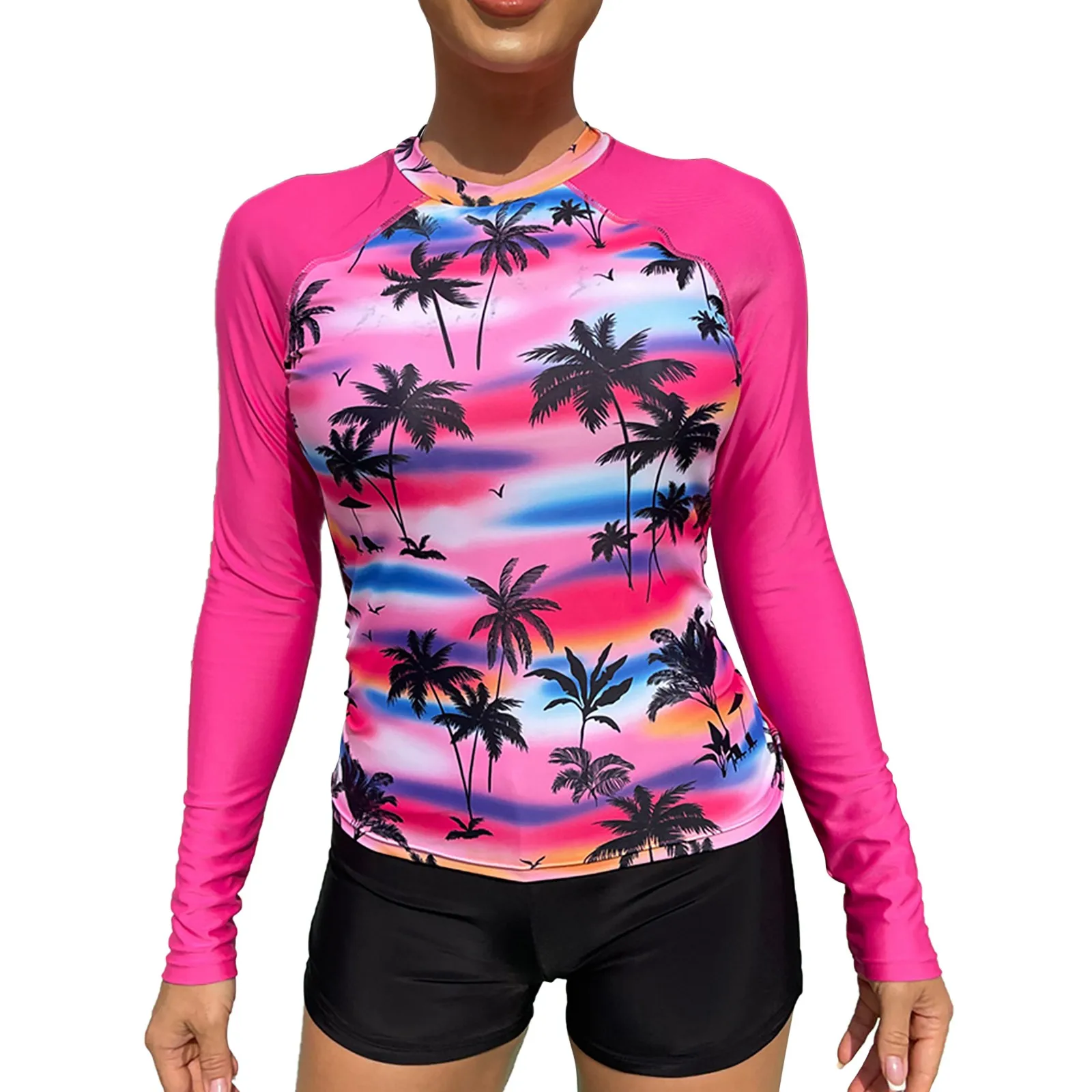 Long Sleeve Split Swimsuit Womens 14 Swim Top Sports Bra Bathing Suit Top Bikini with Shorts Set Women Swimsuit Tops Colorful