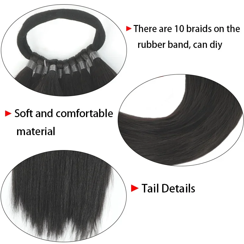 وصلة ذيل حصان صناعية سوداء طويلة ومستقيمة ومتعددة الاستخدامات مع ربطة شعر - ذيل حصان فقاعي مضفر DIY للنساء