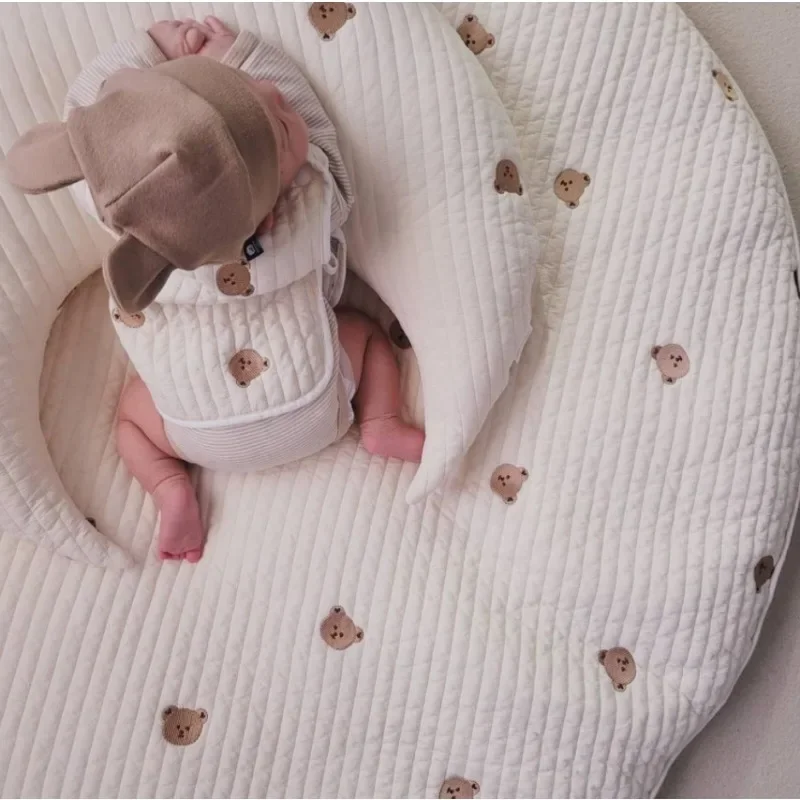 Portable Washable Quilted Round Floor Mat Embroidered Infant Crawling Rug Kids Bedroom Play Pad Newborn Photography Background