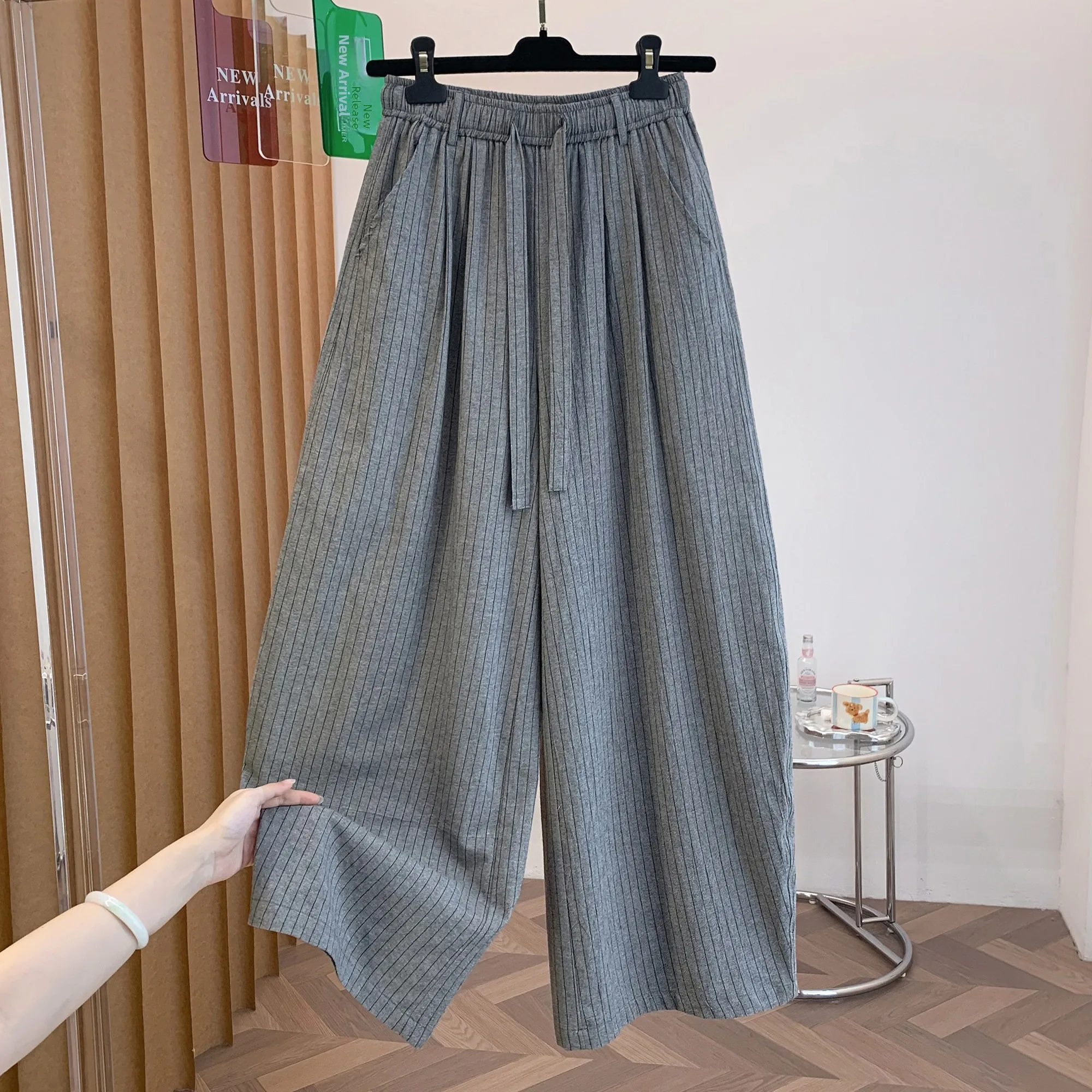 

plus Size Women's Casual Cotton Linen Striped Wide Leg Pants Harlan Straight Leg Trousers Summer New Style High Waist Trousers