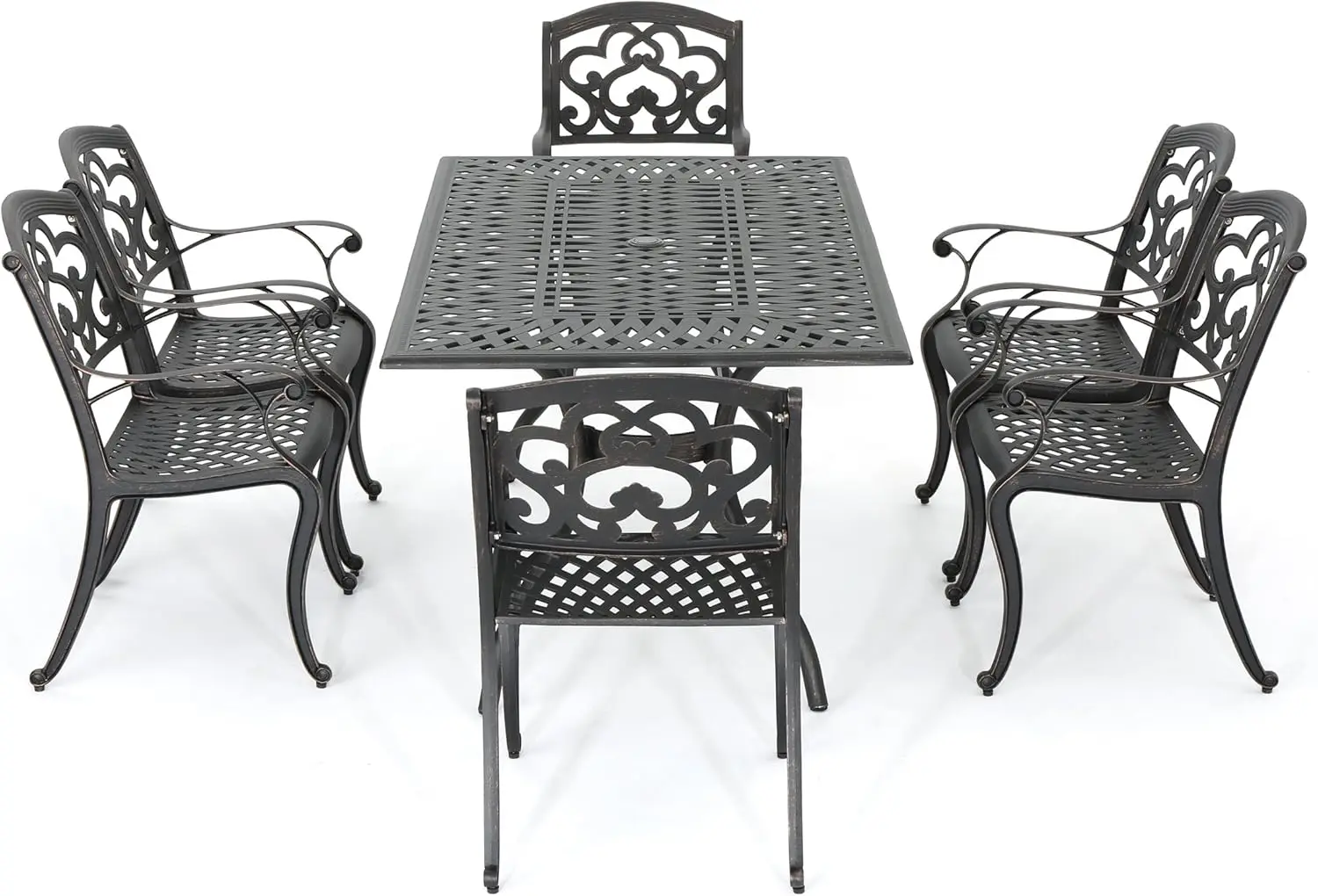 Lohr Outdoor 7 Piece Shiny Copper Finish Cast Aluminum Dining Set, 21.5 